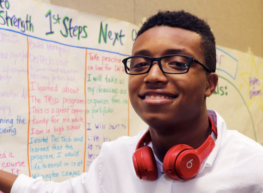 Shamar Banfield beams in front of a chart highlighting his personal strengths and goals