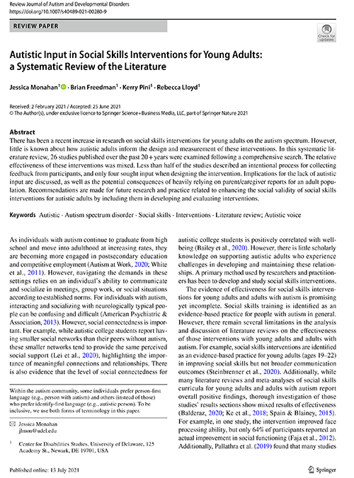 thumbnail of Autistic Input in Social Skills Interventions for Young Adults: a Systematic Review of the Literature