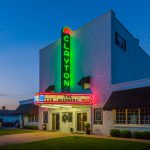 Clayton Theatre marquee lit up in neon colors