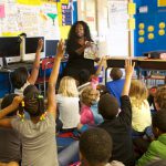 Teacher poses question to her students during reading session