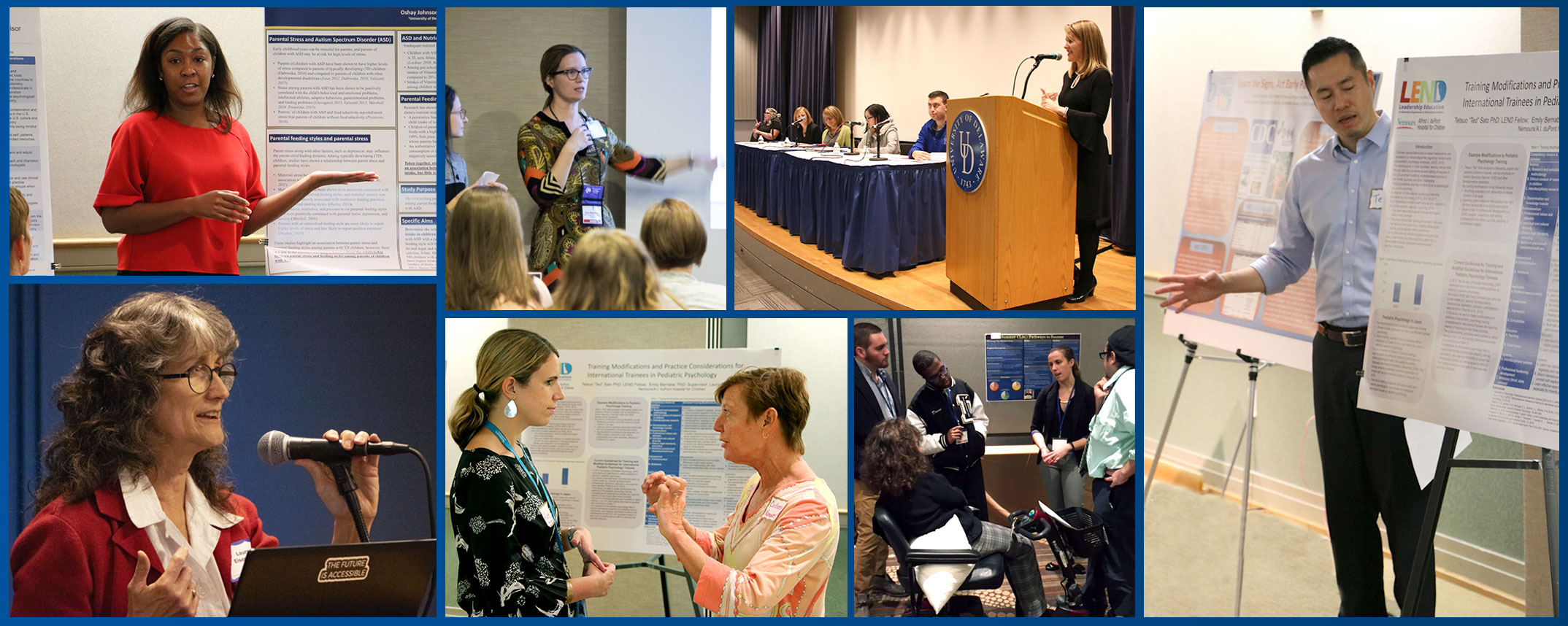 Various people with posters and presentations in a collage