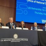 From left: Sen. Chris Coons. U.S. Office of National Drug Control Policy James Carroll. Delaware Attorney General Kathy Jennings. U.S. Attorney General Delaware district David Weiss. and HERO Help coordinator Daniel Maas speak at a special symposium to address Delaware’s ongoing opioid crisis