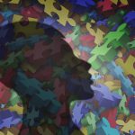 autism graphic with child's head in silhouette over puzzle pieces collage