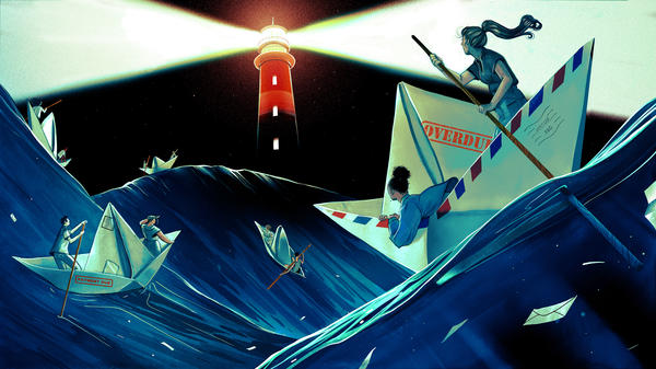 Illustration depicting a symbolic student loan rescue scenario involving boats in a rough sea with a lighthouse in the background