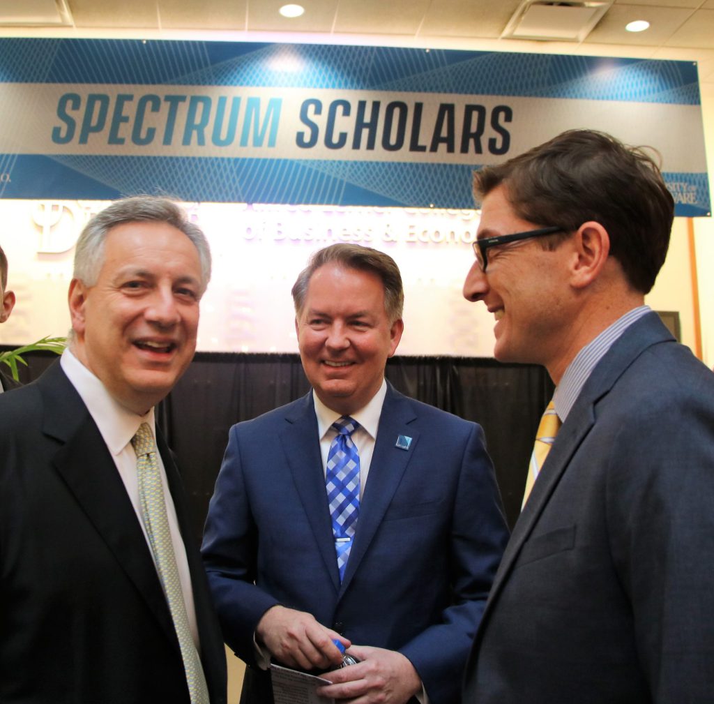 UD President Dennis Assanis (left), JPMorgan Chase’s James Mahoney (center) and CDS’s Brian Freedman at the launch of Spectrum Scholars.