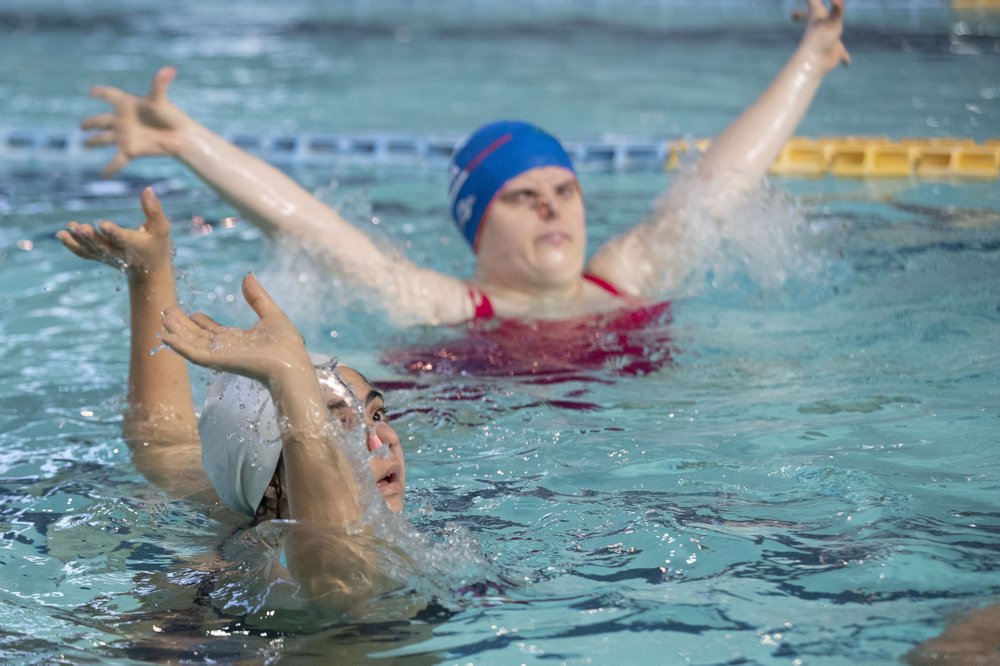 Selene Mirra, left, and Alessandra Leonardi train at Acquaniene swimming center in Rome,