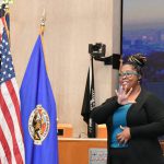 Rorri Burton interpreting for Barbara Ferrer, the director of the Los Angeles County Department of Public Health.