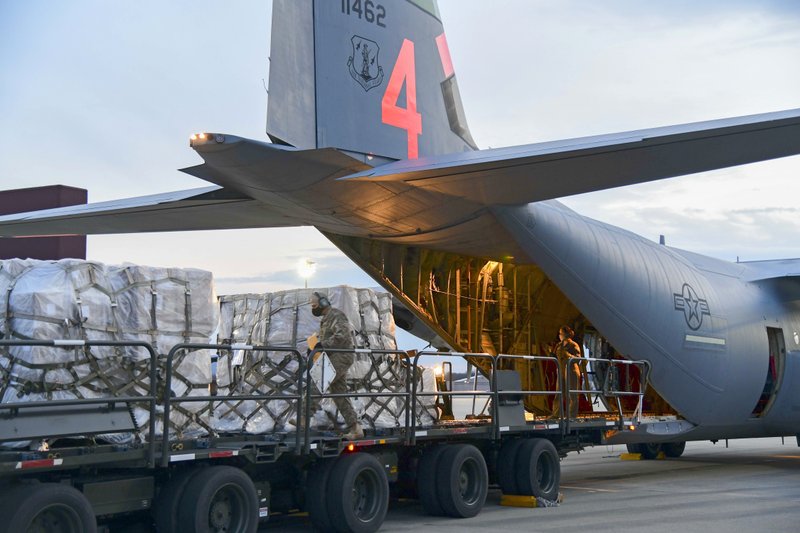 irmen from the 146th Airlift Wing of the California Air National Guard in Oxnard, Calif., deliver 200 ventilators to the New York Air National Guard's 105th Airlift wing at Stewart Air National Guard Base
