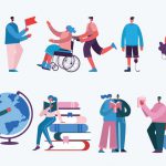Illustrations of people, some with various physical disabilities engaged in a variety of activities