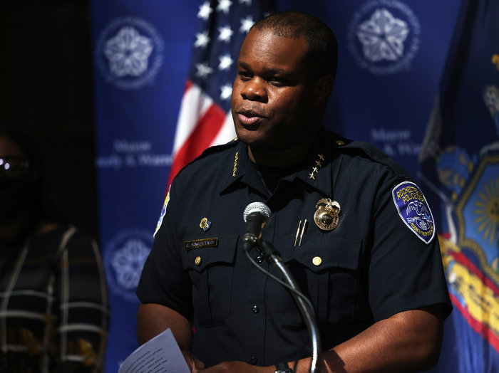 Rochester, New York police chief La'Ron Singletary gives a press conference