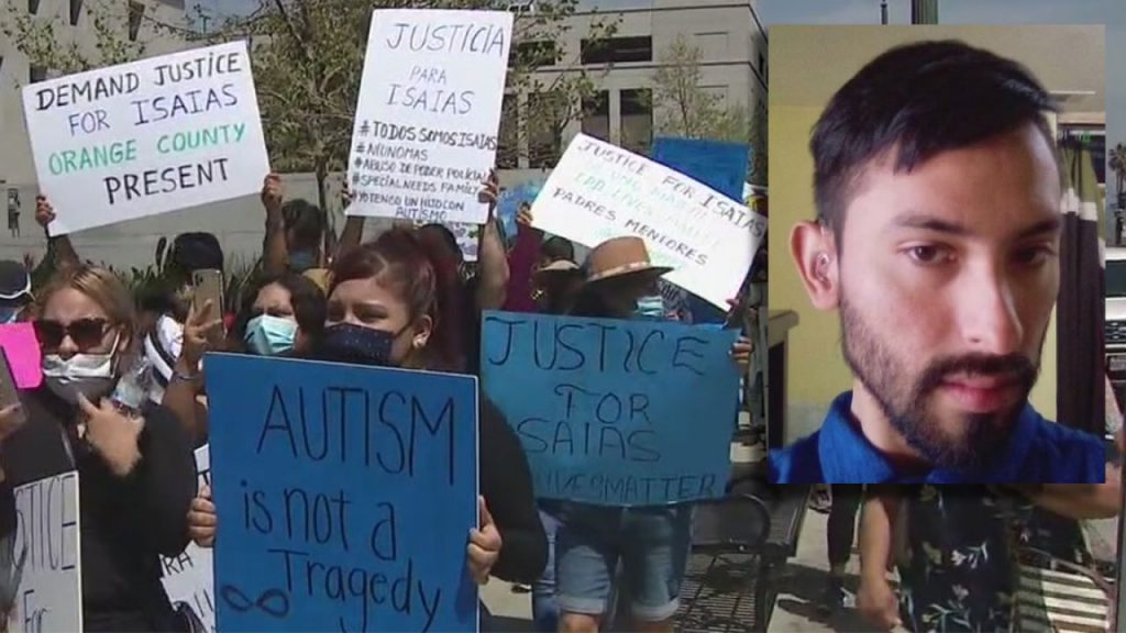Demonstrators in Los Angeles protest the police shooting of an autistic man, Isaias Cervantes. A picture of his face is inset.