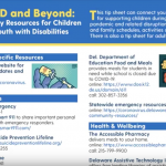 The top of an information sheet containing contact information for state agencies and nonprofits offering assistance with Covid testing, vaccination, mental and behavioral health and other critical resources. The sheet is titled Covid and Beyond: Emergency resources for children and youth with disabilities