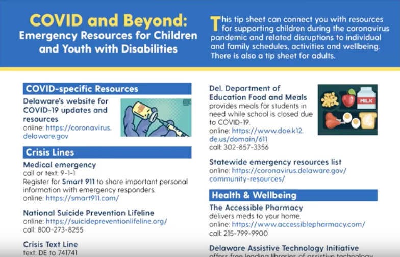 The top of an information sheet containing contact information for state agencies and nonprofits offering assistance with Covid testing, vaccination, mental and behavioral health and other critical resources. The sheet is titled Covid and Beyond: Emergency resources for children and youth with disabilities