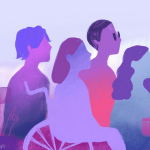 Purple, pink and blue illustration of people. One is in a wheelchair. One has dark glasses.
