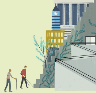 Illustration of college campus buildings and walkways. Two small people with canes approach a steep set of stairs.
