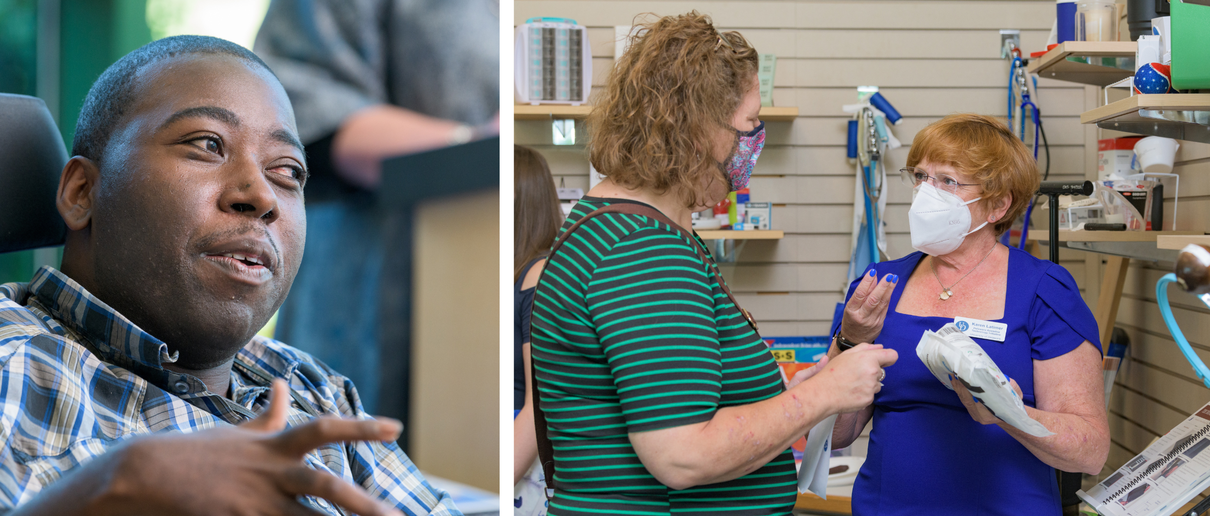 Collage. Photo on left is of Emmanuel Jenkins in a powerchair. He wears a plaid shirt and gestures while speaking. On the right, Karen Latimer and Amy Morten discuss technology options inside the Kent/Sussex Assistive Technology Resource Center.