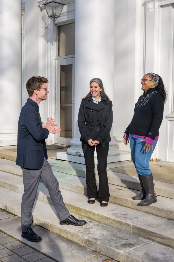 UD partners Wes Garton, Alison Wessel (center) and Samantha Fowle (right) connect outside Spectrum Scholars’ Pearson Hall offices.
