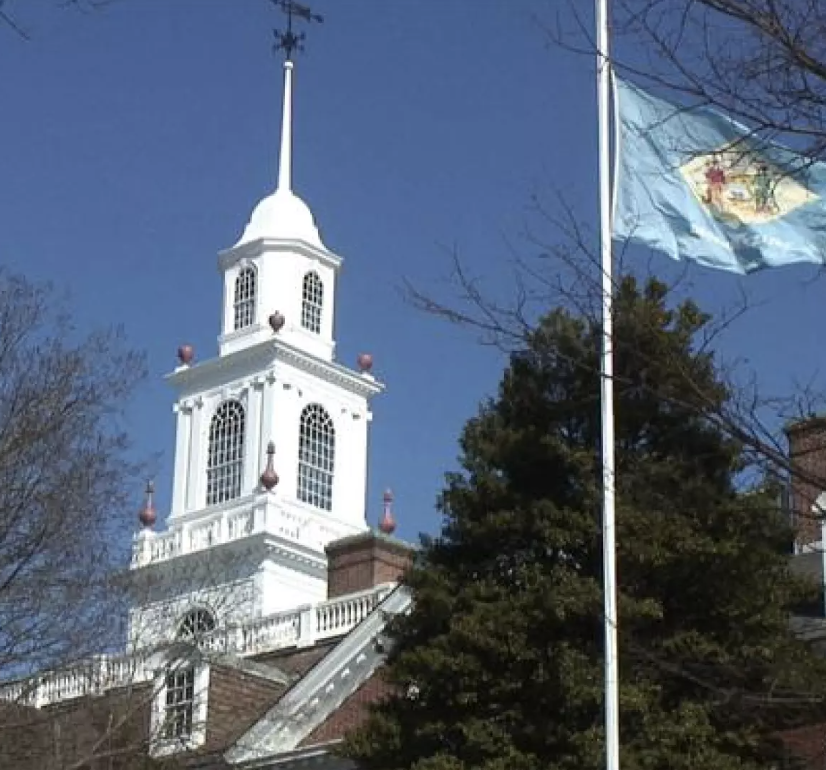 Delaware's Legislative Hall with Delaware flag