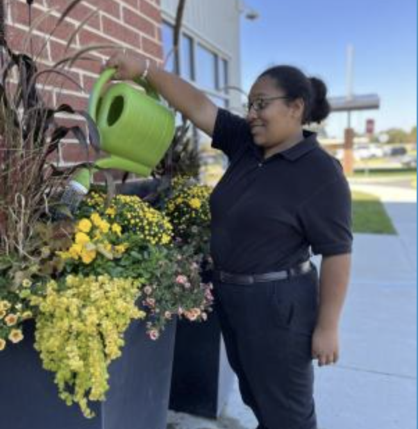 A young adult in a polo shirt and slacks waters an outdoor planter full of colorful flowers.