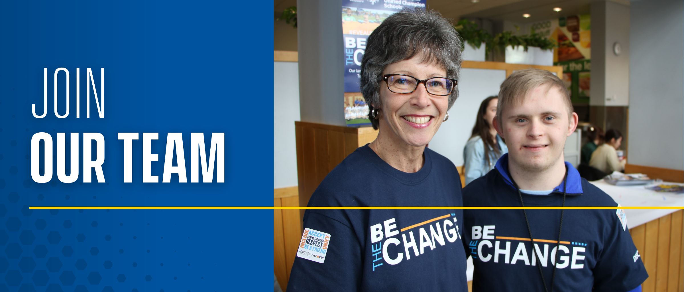 Graphic includes Mel Sipko, a CDS staffer with a student. Both are wearing Be the Change t-shirts at an info table in the Trabant University Center. Text reads Join Our Team.