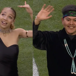 Collage of two photos. A young woman with medium-toned skin wearing a black dress holds her hand flat to the side above her head. A young man with medium-toned skin holds his hand open to the side and up.