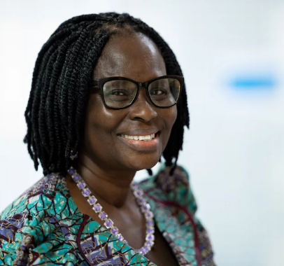Gertrude Oforiwa Fefoame has chin-length hair in braids and dark-toned skin.