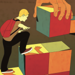 A person climbing blocks that a big hand places in front of them.