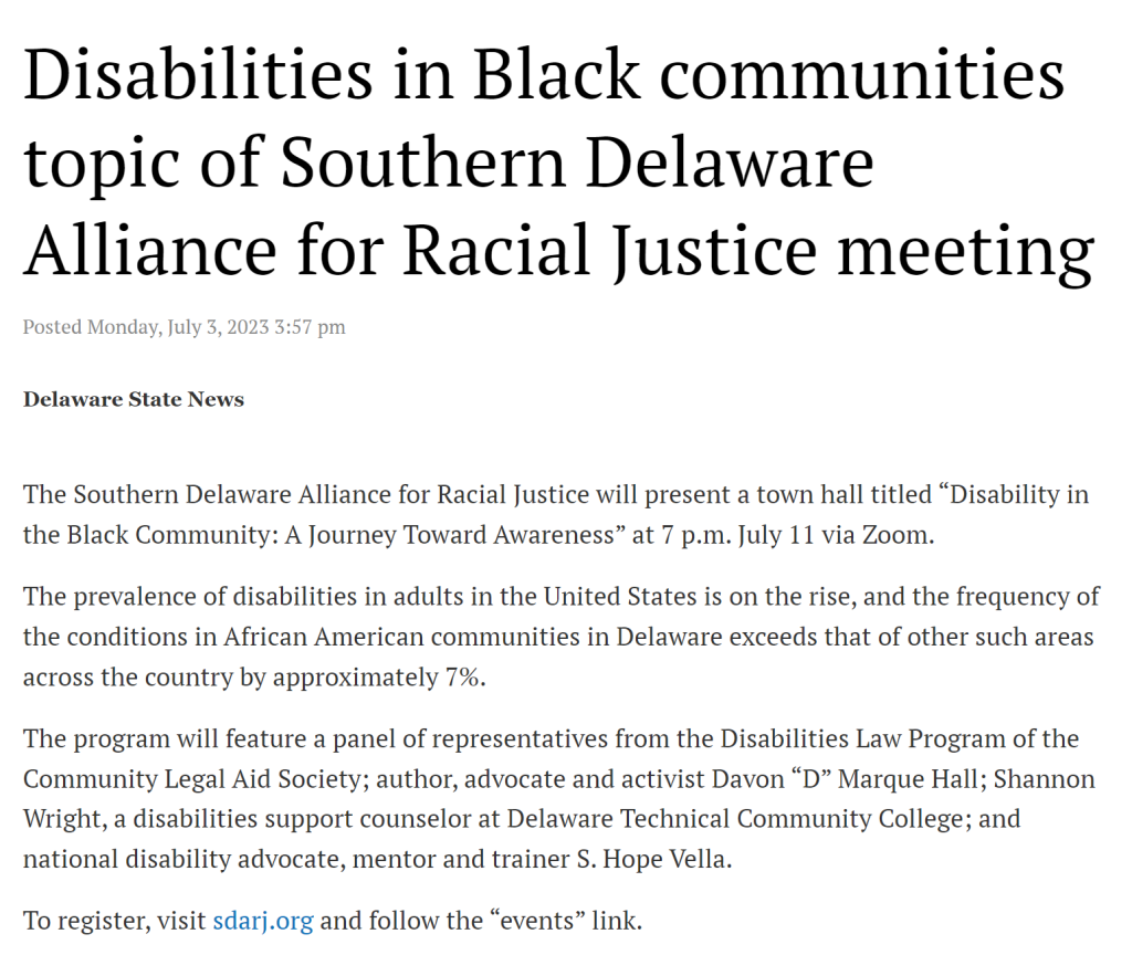 Disabilities in Black communities topic of Southern Delaware Alliance for Racial Justice meeting story as it appears on the Bay to Bay News site
