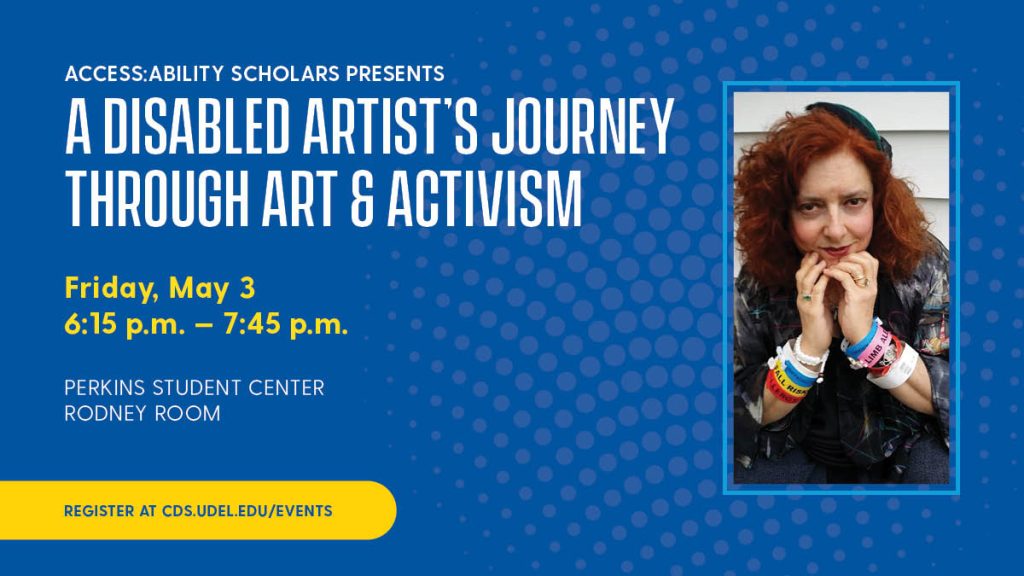 A Disabled Artist’s Journey through Art & Activism. May 3, 2024, 6:15 to 7:45 p.m. Presenters: Wendy Elliott-Vandivier. Wendy's headshots.